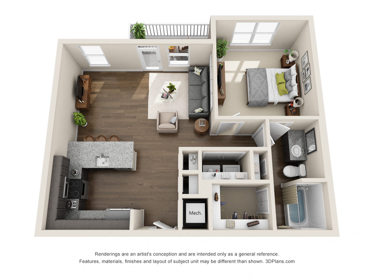 Floor plan for 1 bed, 1 bath, 787 sqft